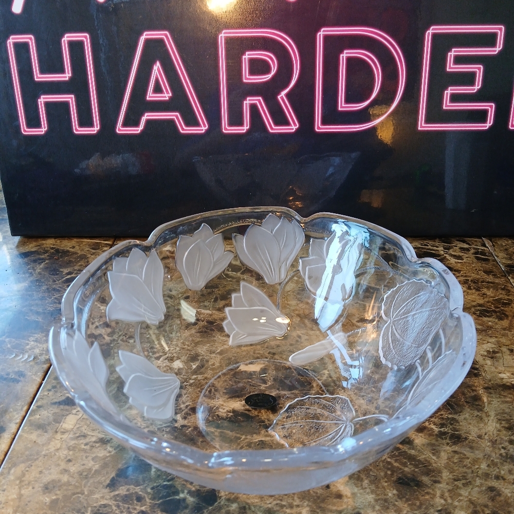 Vintage Crystal Clear Studios Japan Floral Glass Bowl ~ 11" in diameter ~This